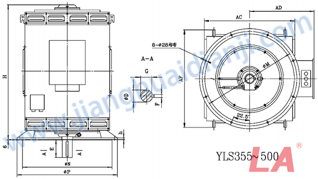 YLS系列高壓立式三相異步電動(dòng)機(jī)外形及安裝尺寸圖(YLS355-630 IP23 6KV) - 六安江淮電機(jī)有限公司